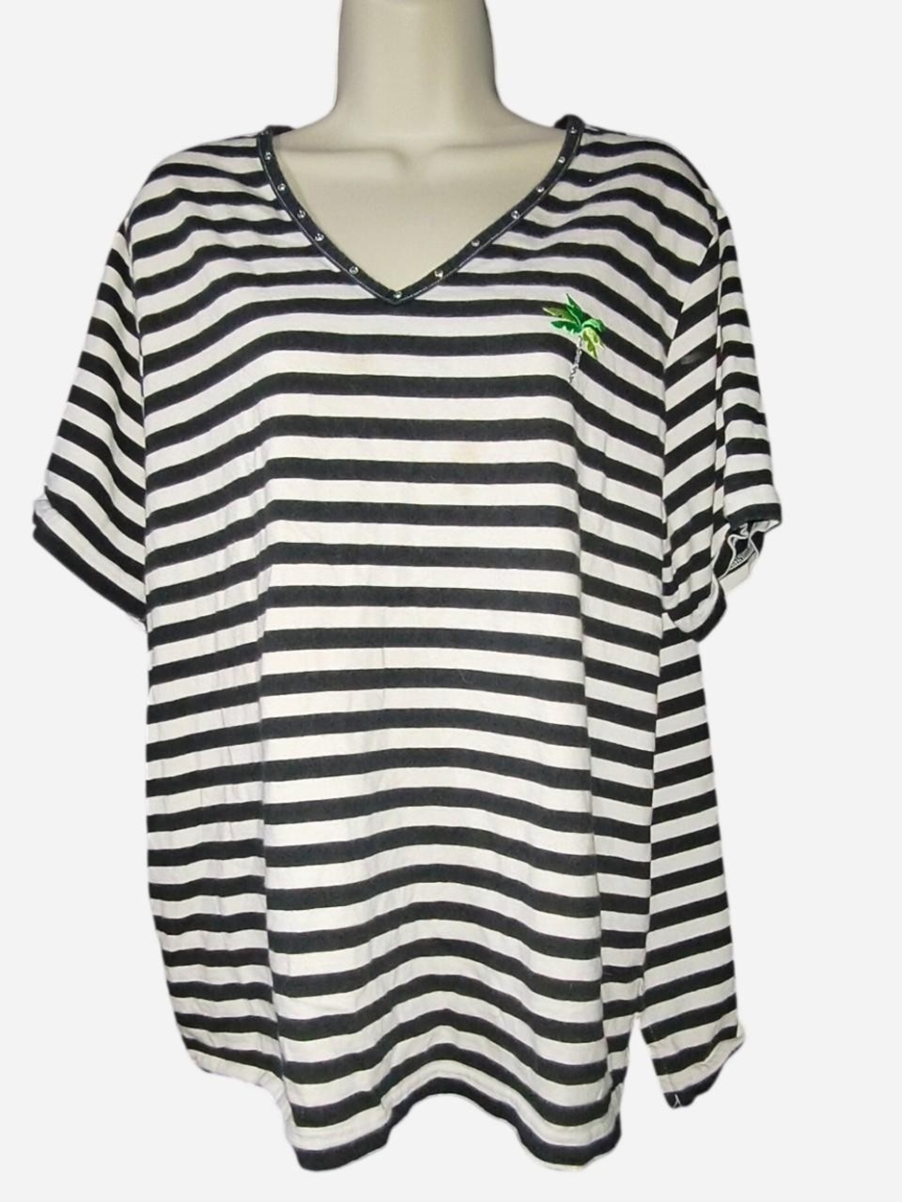 Quacker Factory Black & White Striped V-Neck Tee with Green Palm Accent
